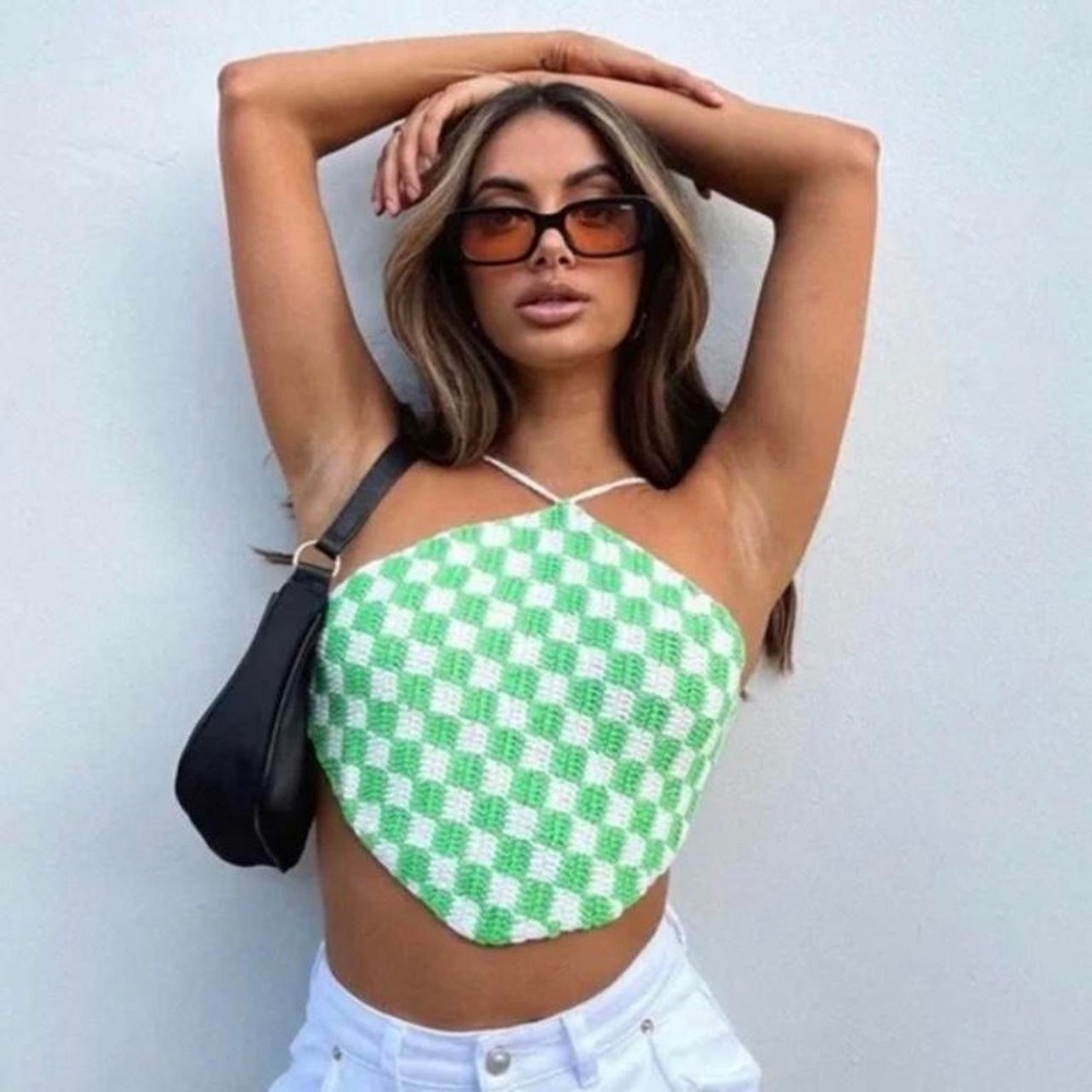 Princess Polly green and white checkered knit crop top